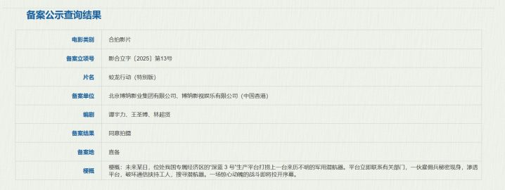 林超贤《蛟龙行动（特别版）》立项 黄轩于适主演 -1