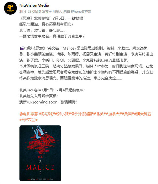 陈思诚《恶意》北美定档7.5！未来将登陆澳新地区 -1